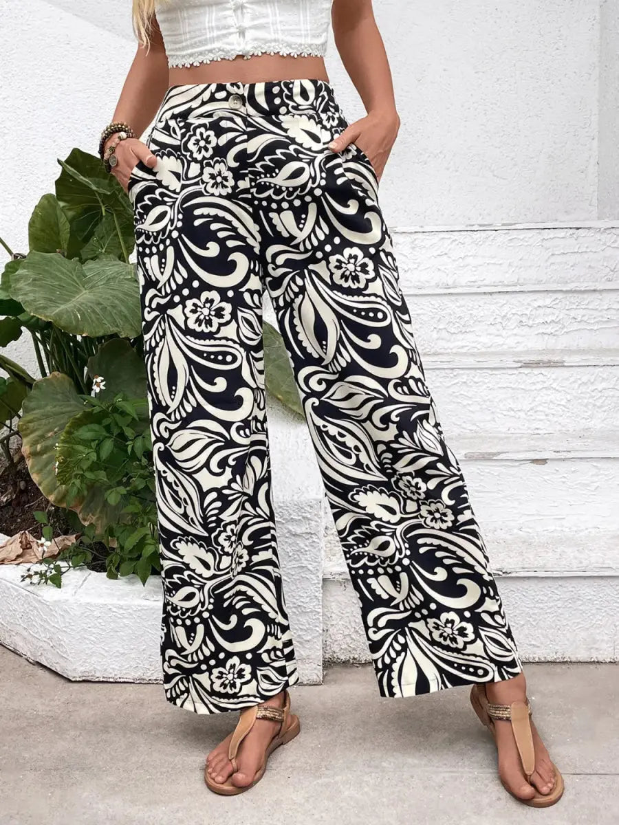 Stylish Printed Wide Leg Pants with Pockets and Buttons - Love Salve
